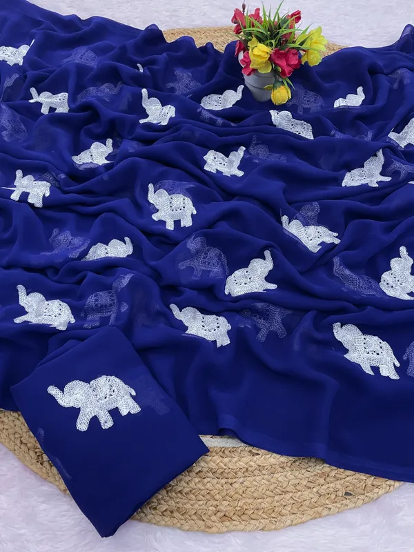 Royal_Blue_Embroidery_Work_Saree_With_Blouse_Piece