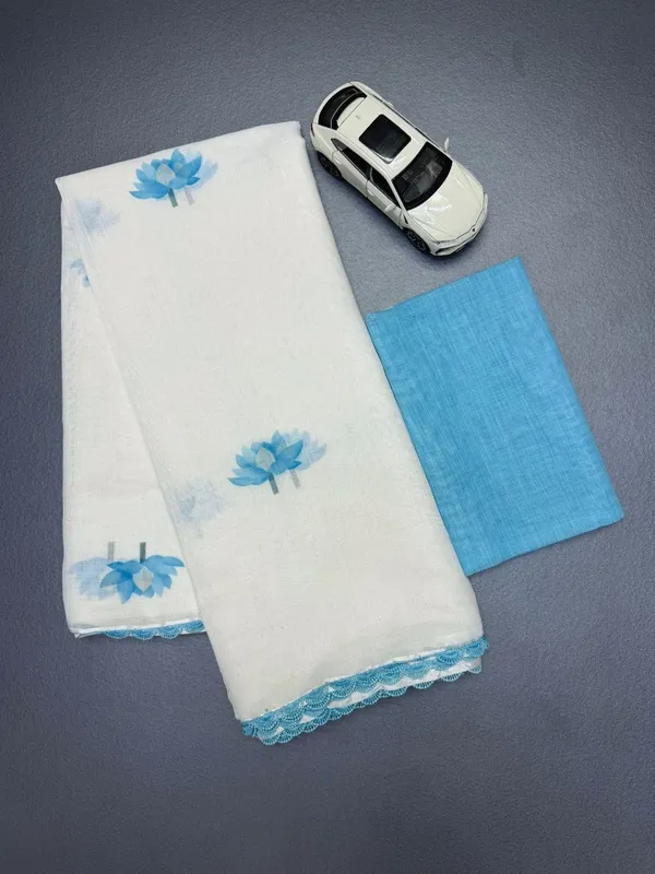 White_And_Blue_Lilan_Printed_Saree