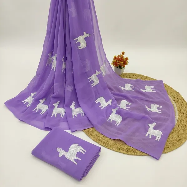 Purple_And_Mustard_Embroidery_Work_Saree_With_Blouse_Piece
