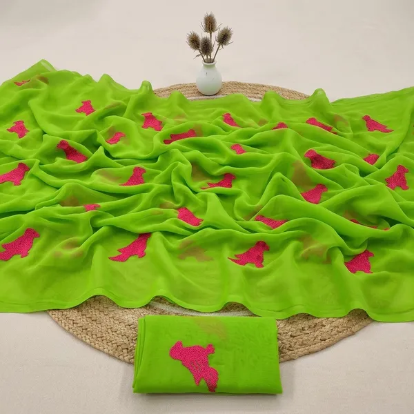 Green_Embroidery_Work_Saree_With_Blouse_Piece
