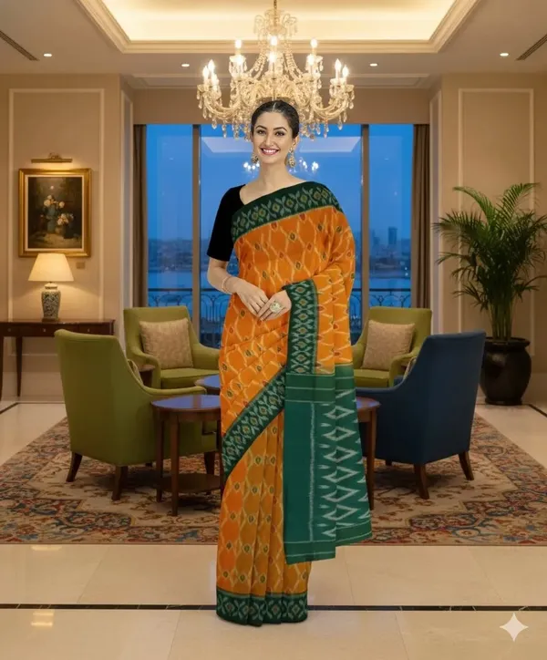 Mustard_Yellow_And_Green_Lilan_Printed_Saree