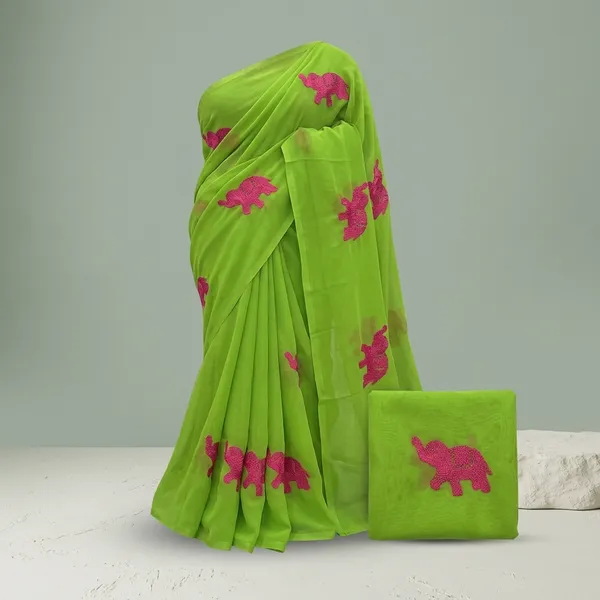 Green_And_Pink_Embroidery_Work_Saree_With_Blouse_Piece