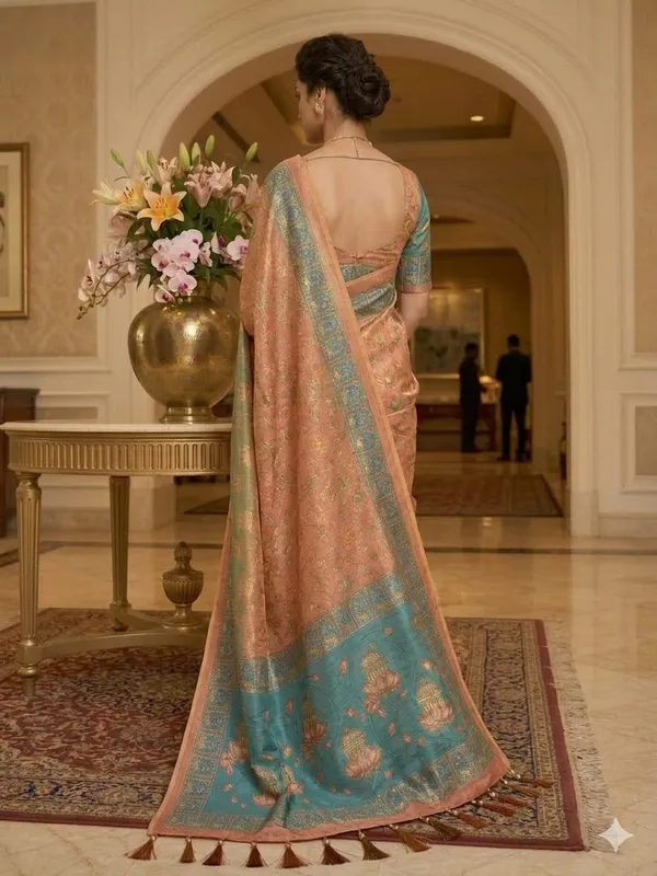 Peach_And_Turquoise_Lilan_Printed_Saree