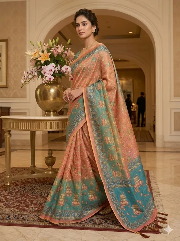 Peach_And_Turquoise_Lilan_Printed_Saree