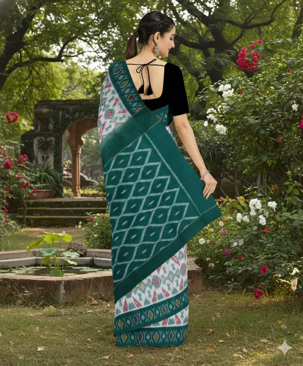 White_And_Green_Lilan_Printed_Saree