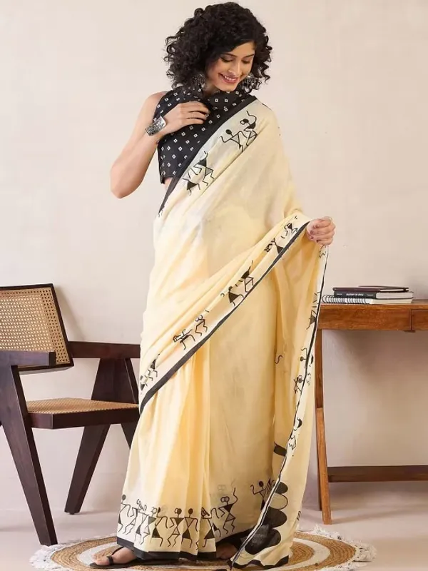 Cream_And_Black_Lilan_Printed_Saree