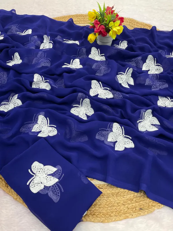 Royal_Blue_Embroidery_Work_Saree_With_Blouse_Piece