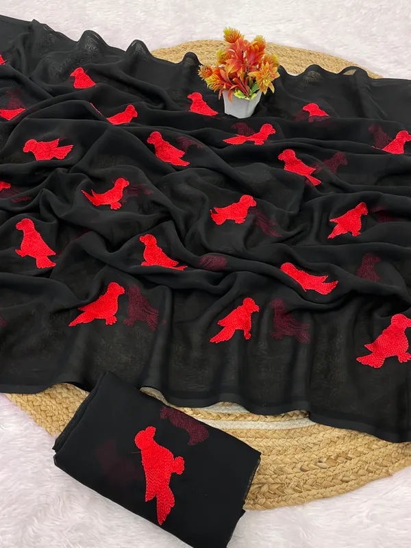 Black_And_Red_Embroidery_Work_Saree_With_Blouse_Piece