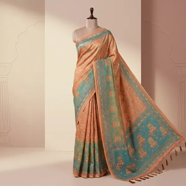 Peach_And_Turquoise_Lilan_Printed_Saree