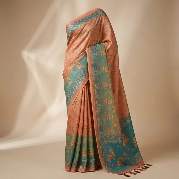 Peach_And_Turquoise_Lilan_Printed_Saree