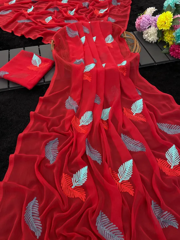 Red_Embroidery_Work_Saree_With_Blouse_Piece