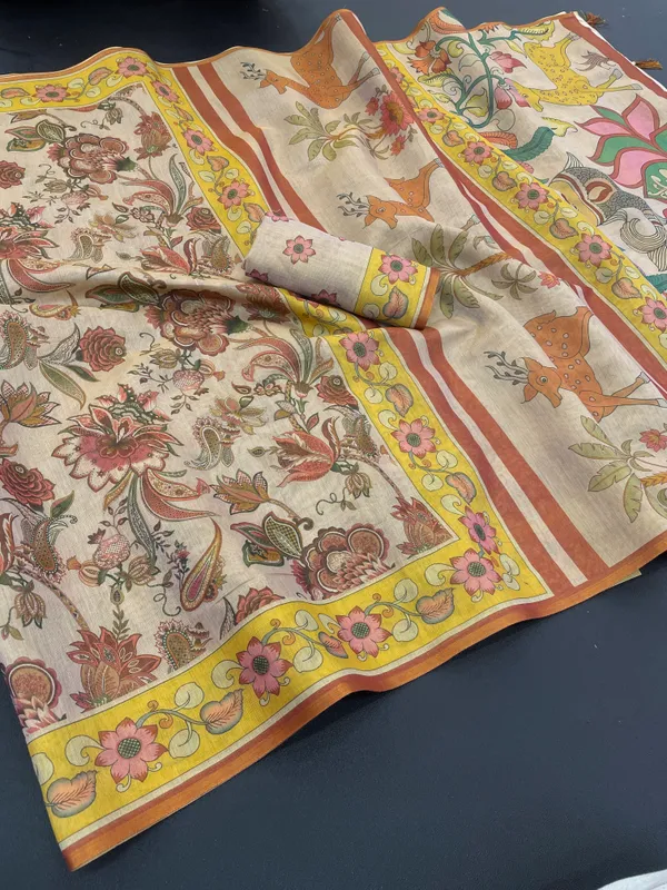 Beige_And_Yellow_Lilan_Printed_Saree