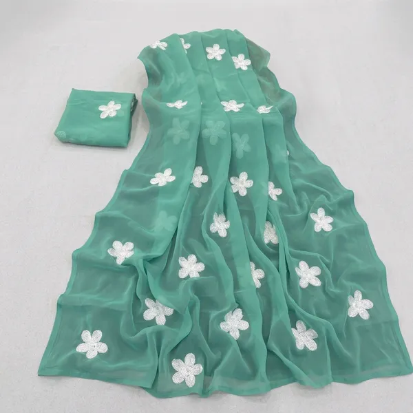 Turquoise_Green_Embroidery_Work_Saree_With_Blouse_Piece