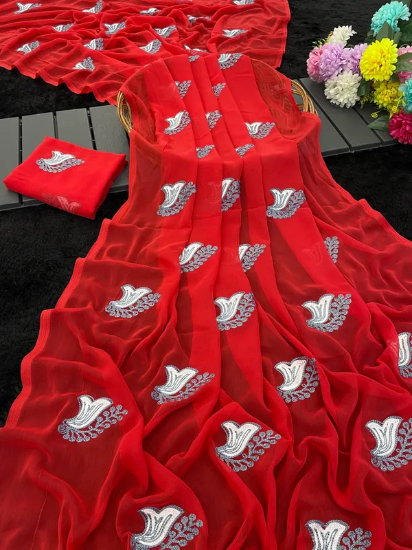 Red_Embroidery_Work_Saree_With_Blouse_Piece