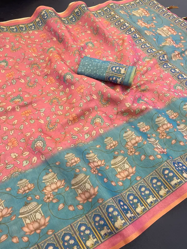 Peach_And_Turquoise_Lilan_Printed_Saree