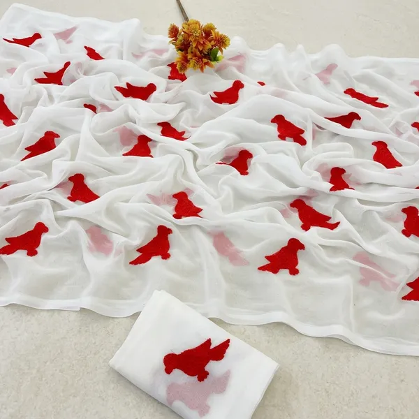 White_And_Red_Embroidery_Work_Saree_With_Blouse_Piece