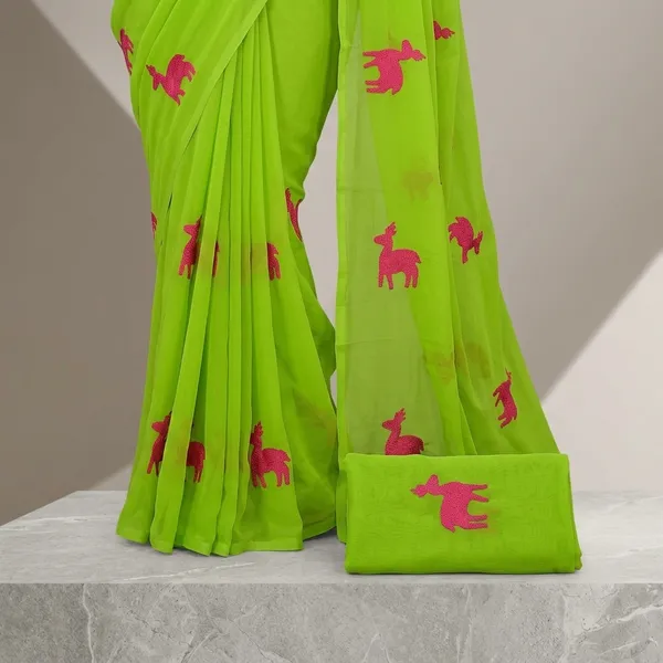Green_And_Pink_Embroidery_Work_Saree_With_Blouse_Piece