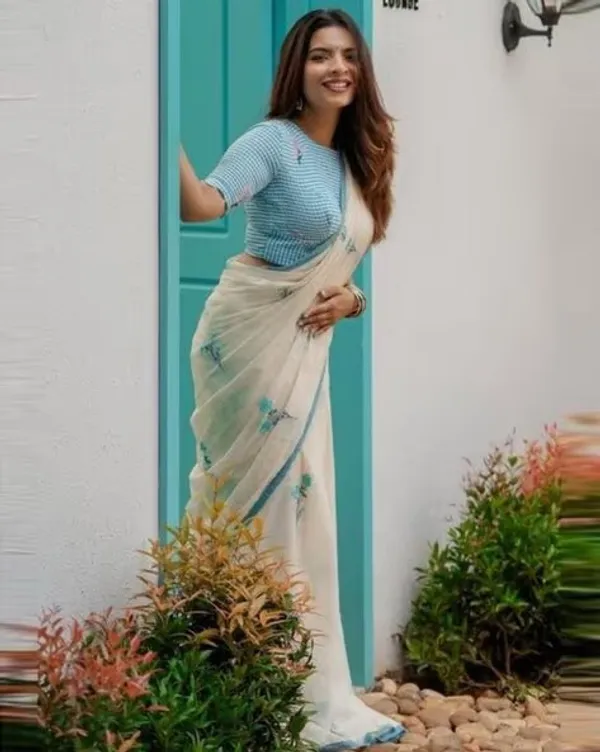 White_And_Sky_Blue_Embroidery_Work_Saree_With_Blouse_Piece