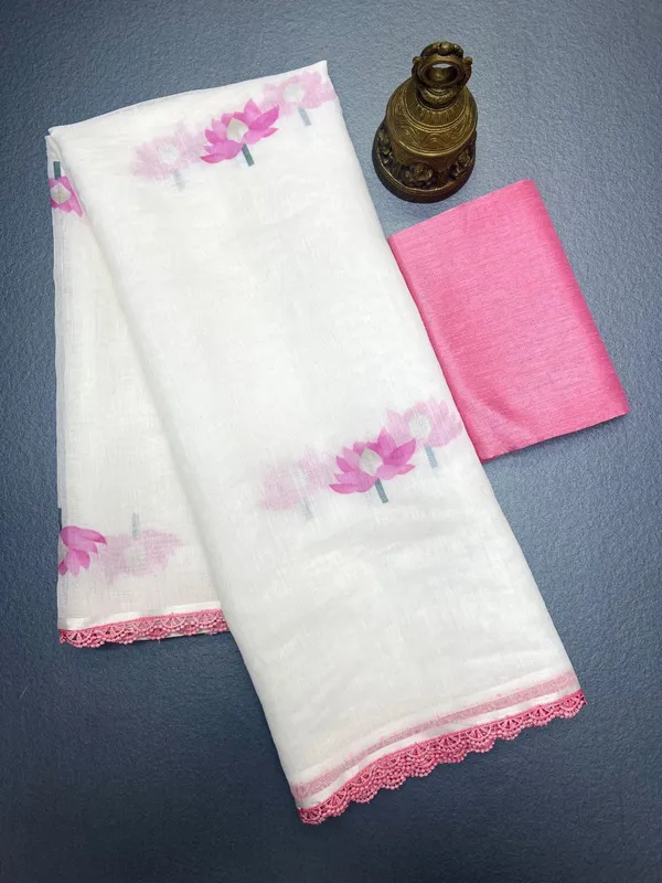 White_And_Pink_Linan_Printed_Saree