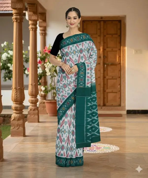 White_And_Green_Lilan_Printed_Saree