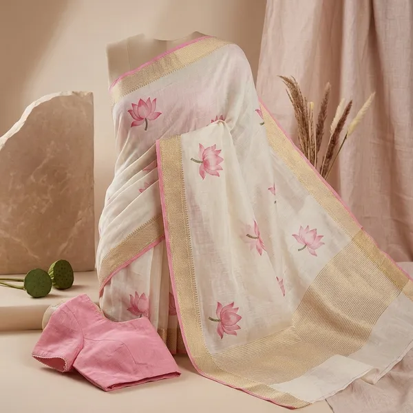 White_And_Pink_Linan_Printed_Saree
