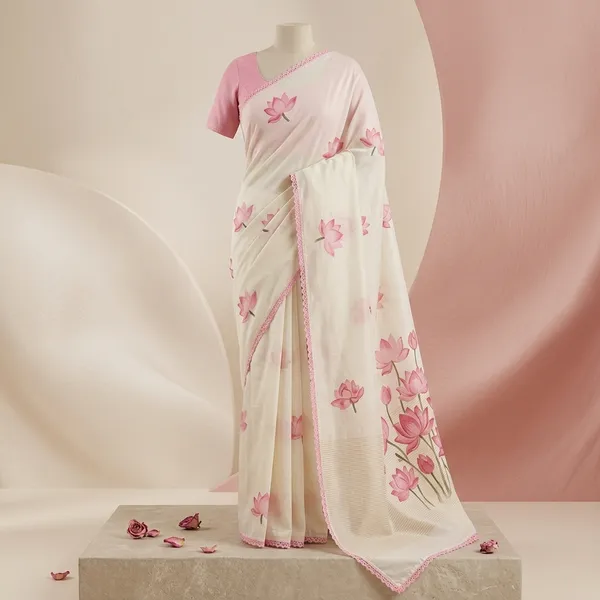 White_And_Pink_Linan_Printed_Saree