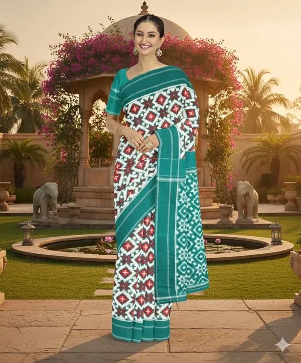 White_And_Teal_Lilan_Printed_Saree