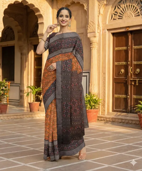 Orange_And_Brown_Lilan_Printed_Saree