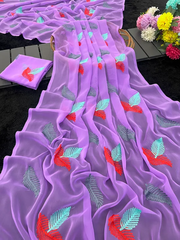 Lavender_Embroidery_Work_Saree_With_Blouse_Piece