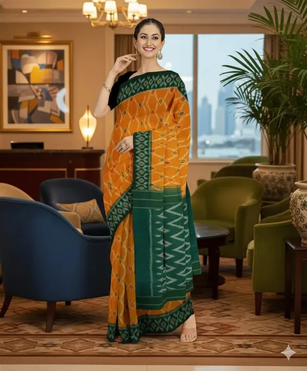 Mustard_Yellow_And_Green_Lilan_Printed_Saree
