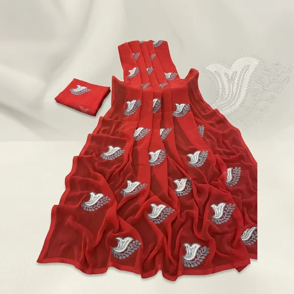 Red_Embroidery_Work_Saree_With_Blouse_Piece
