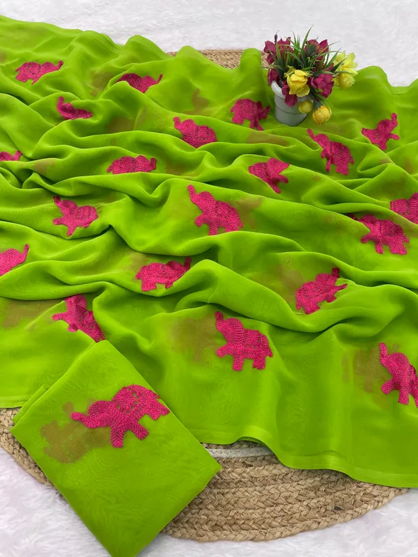 Green_And_Pink_Embroidery_Work_Saree_With_Blouse_Piece