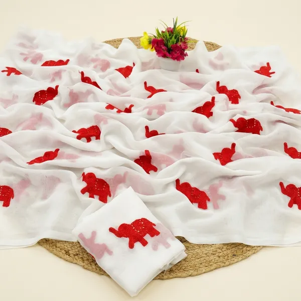 White_And_Red_Embroidery_Work_Saree_With_Blouse_Piece