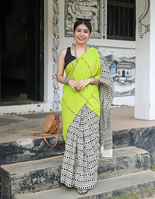 Multicolor_Lime_Green_And_Black_White_Printed_Georgette_Saree_With_Contrast_Pallu
