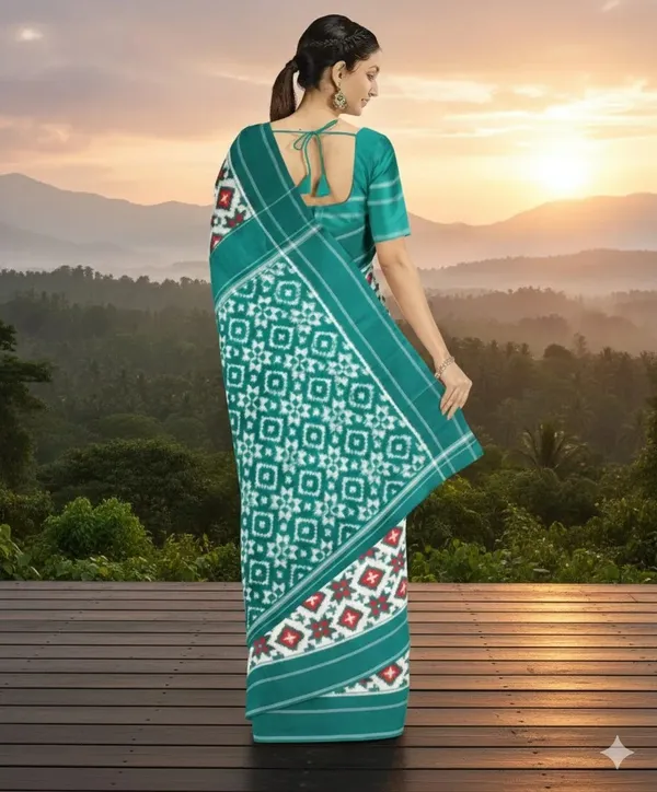 White_And_Teal_Lilan_Printed_Saree