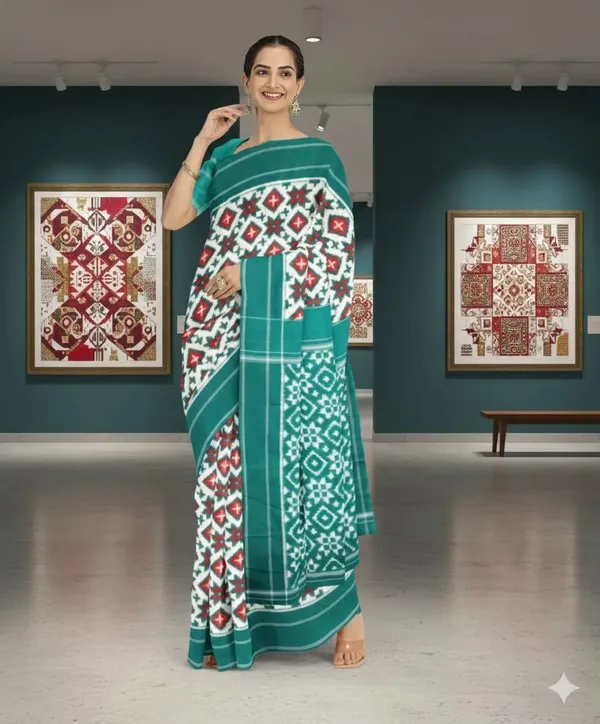 White_And_Teal_Lilan_Printed_Saree