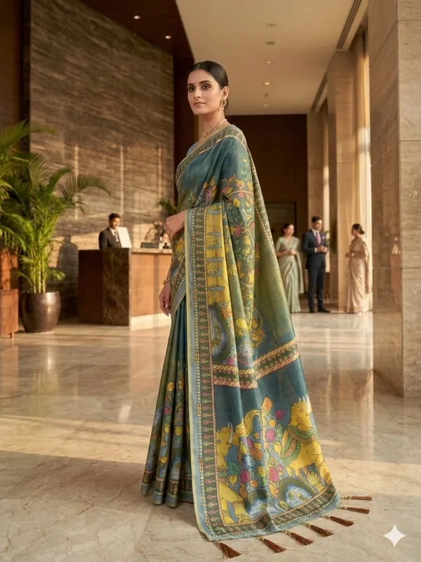 Blue_And_Green_Lilan_Printed_Saree