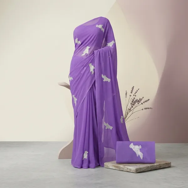 Purple_And_Silver_Embroidery_Work_Saree_With_Blouse_Piece