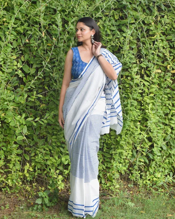 White_And_Blue_Lilan_Printed_Saree
