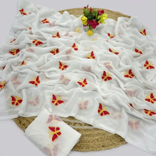 White_Embroidery_Work_Saree_With_Blouse_Piece