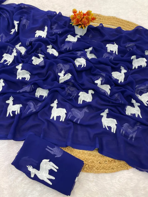 Royal_Blue_Embroidery_Work_Saree_With_Blouse_Piece