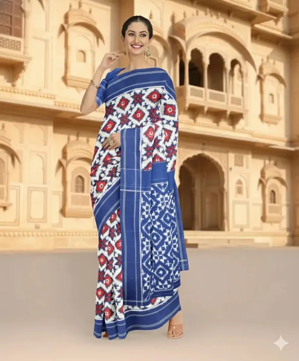 Blue_And_White_Lilan_Printed_Saree