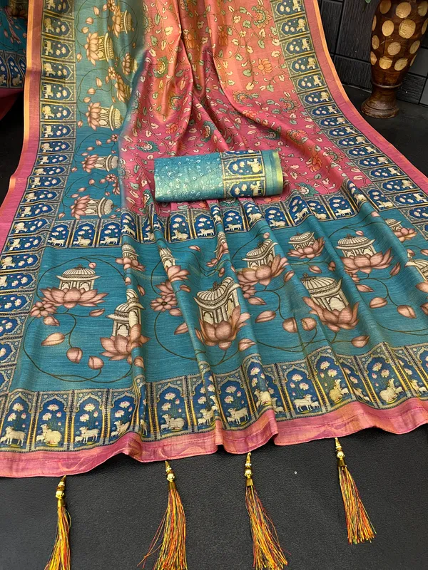 Peach_And_Turquoise_Lilan_Printed_Saree