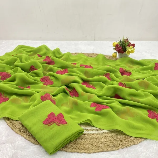 Green_And_Pink_Embroidery_Work_Saree_With_Blouse_Piece
