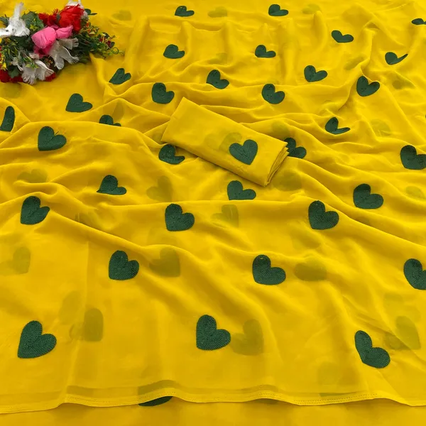 Yellow_And_Green_Embroidery_Work_Saree_With_Blouse_Piece