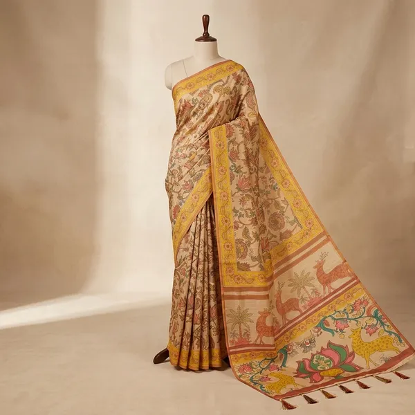 Beige_And_Yellow_Lilan_Printed_Saree