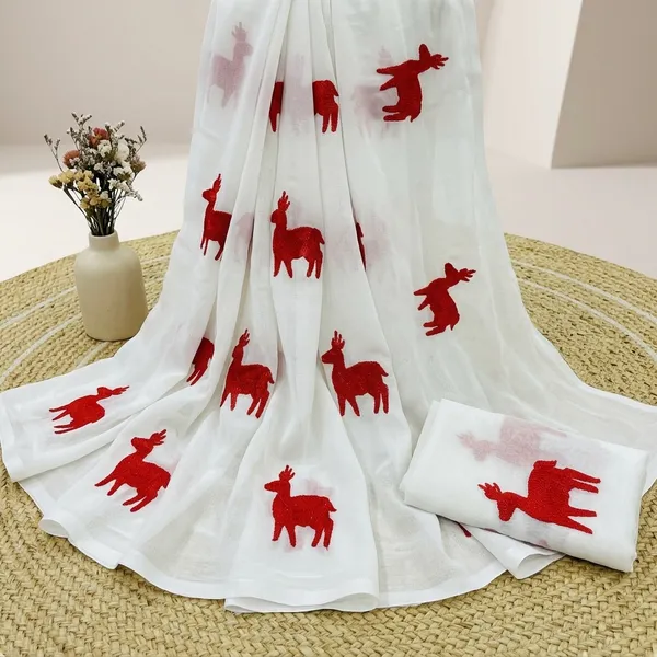 White_And_Red_Embroidery_Work_Saree_With_Blouse_Piece