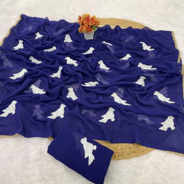Royal_Blue_Embroidery_Work_Saree_With_Blouse_Piece