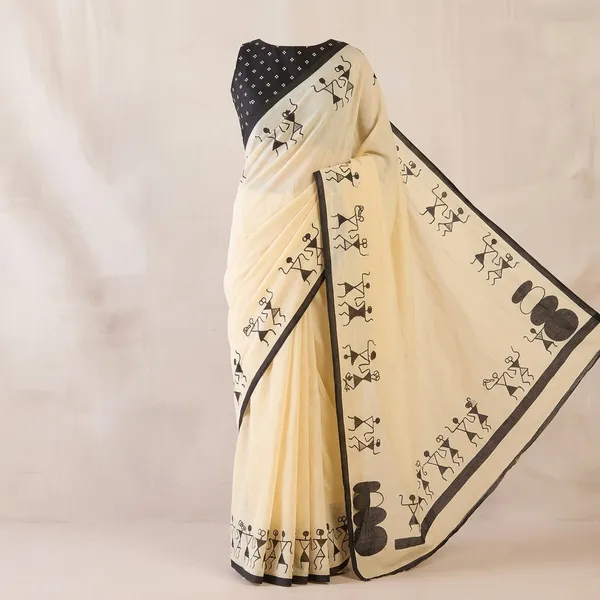 Cream_And_Black_Lilan_Printed_Saree