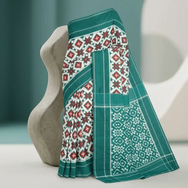 White_And_Teal_Lilan_Printed_Saree